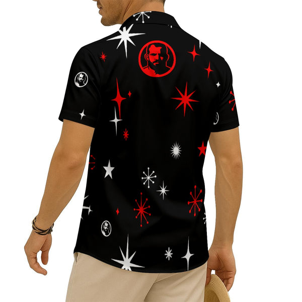 Stars on Black, All-Over Printed Imitation Silk Short-Sleeve Shirt
