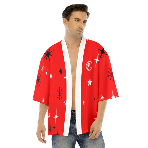 Santa 2026 Red, All-Over Printed Drop-shoulder Kimono Shirt