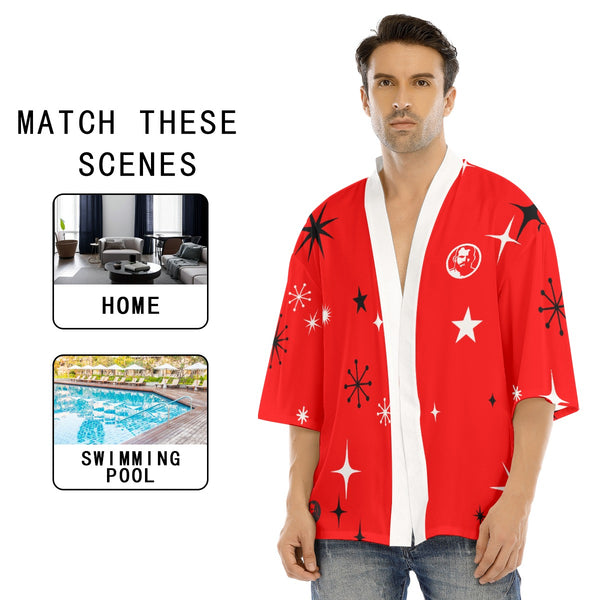 Santa 2026 Red, All-Over Printed Drop-shoulder Kimono Shirt