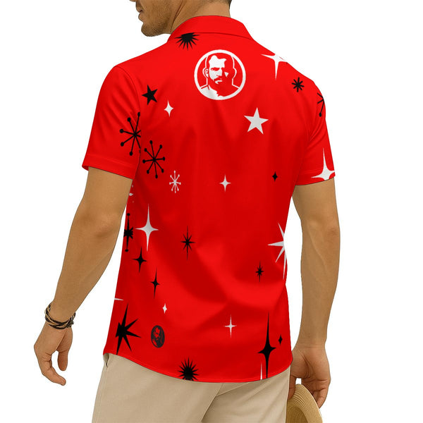 Stars on Red, All-Over Printed Imitation Silk Short-Sleeve Shirt