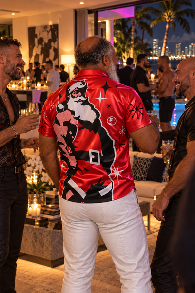 Santa 2026 Red, All-Over Printed Imitation Silk Short-Sleeved Shirt