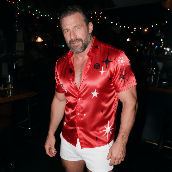 Stars on Red, All-Over Printed Imitation Silk Short-Sleeve Shirt