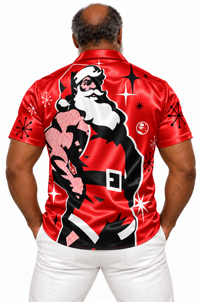 Santa 2026 Red, All-Over Printed Imitation Silk Short-Sleeved Shirt