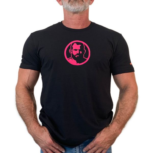 Icon in pink, hand printed on black Tshirts and Tank Tops