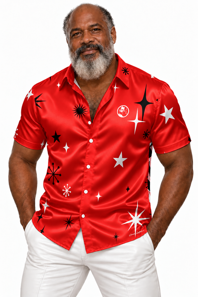 Santa 2026 Red, All-Over Printed Imitation Silk Short-Sleeved Shirt