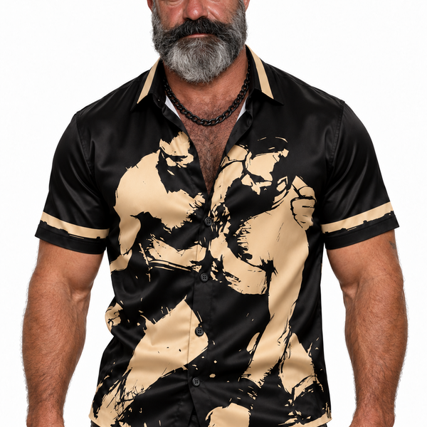 Wrestlers, All-Over Printed Imitation Silk Short-Sleeve Shirt