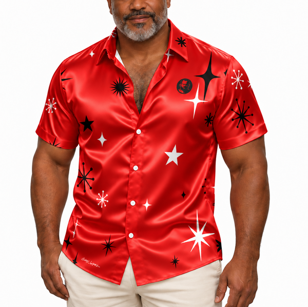 Stars on Red, All-Over Printed Imitation Silk Short-Sleeve Shirt