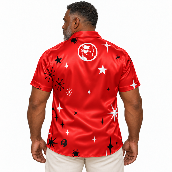 Stars on Red, All-Over Printed Imitation Silk Short-Sleeve Shirt