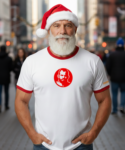 Icon Red, Hand printed on Red Ringer T-shirt