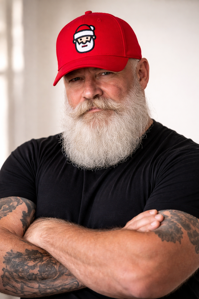 Santa Icon, embroidered on red baseball Cap
