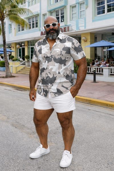 Beard Rush, All-Over Printed Imitation Silk Short-Sleeved Shirt