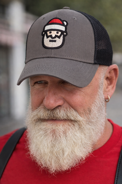 Santa Icon embroidered on gray & black mesh baseball Cap