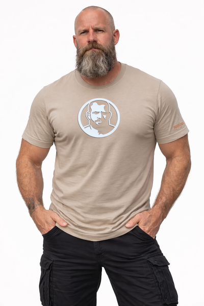 Icon, Rubber Patch on Tan Tshirt