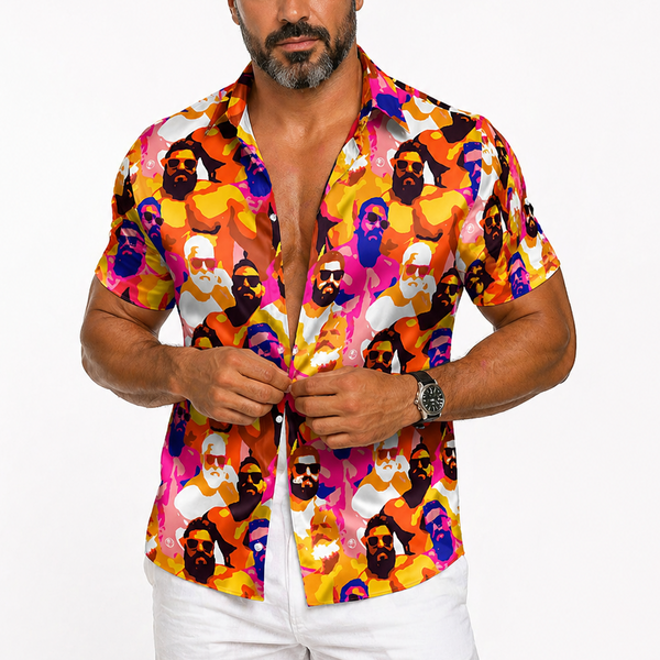Summer Days, All-Over Printed Imitation Silk Short-Sleeve Shirt