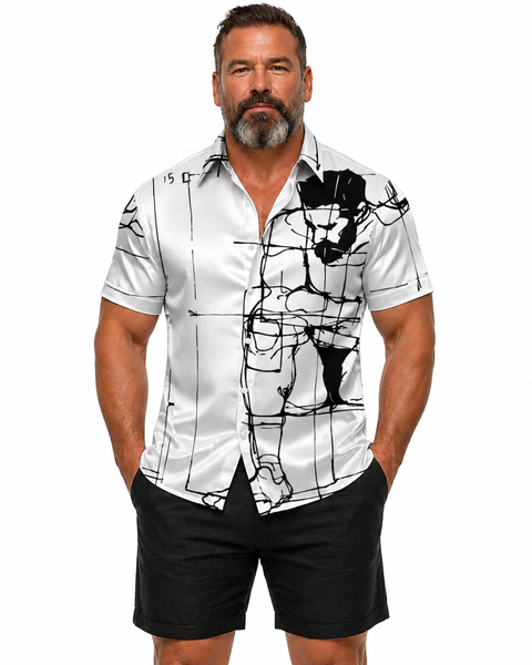 Man Study, All-Over Printed Imitation Silk Short-Sleeve Shirt