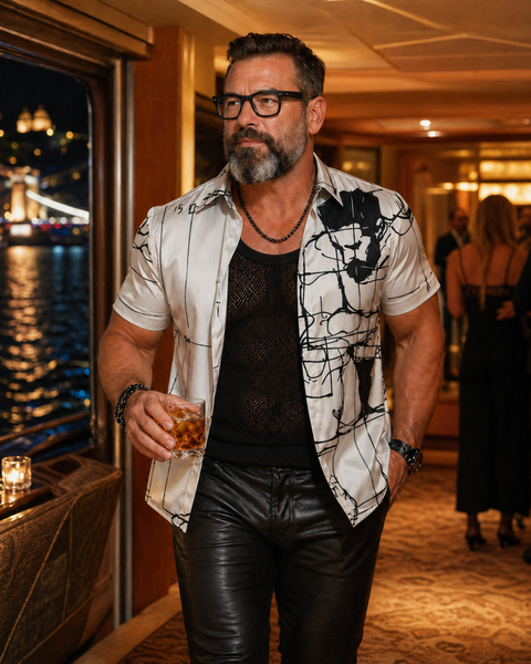 Man Study, All-Over Printed Imitation Silk Short-Sleeve Shirt