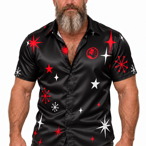 Stars on Black, All-Over Printed Imitation Silk Short-Sleeve Shirt