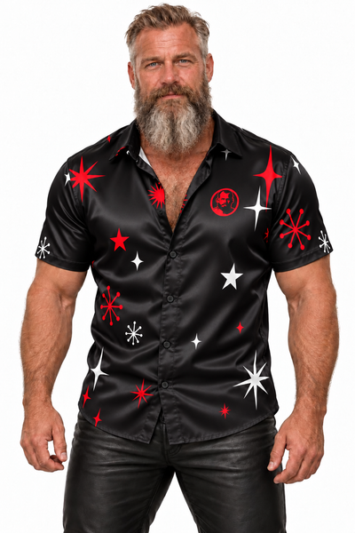 Stars on Black, All-Over Printed Imitation Silk Short-Sleeve Shirt