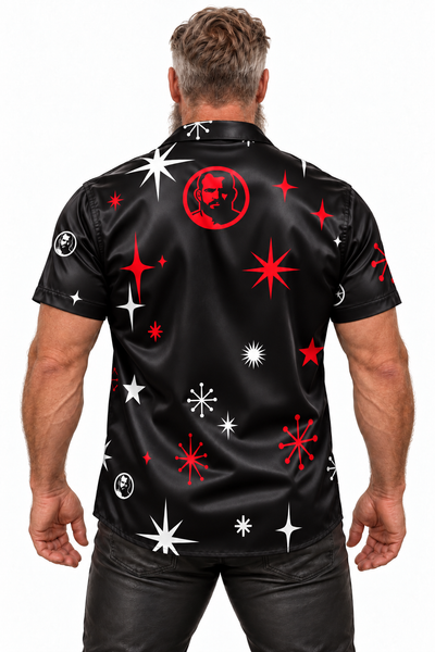 Stars on Black, All-Over Printed Imitation Silk Short-Sleeve Shirt