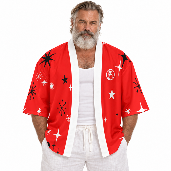 Santa 2026 Red, All-Over Printed Drop-shoulder Kimono Shirt