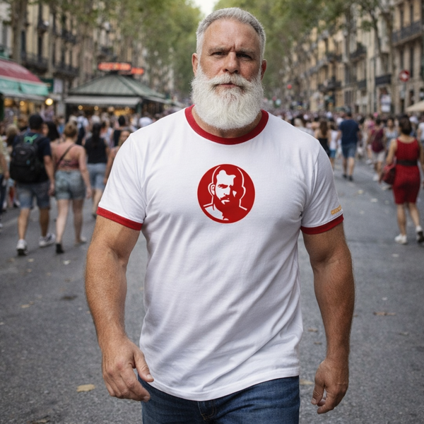 Icon Red, Hand printed on Red Ringer T-shirt