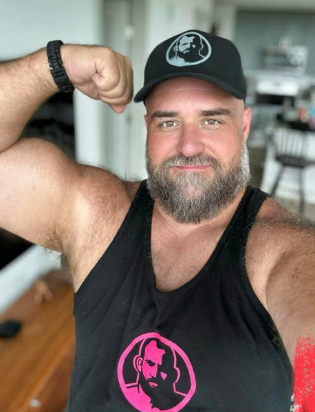 Icon in pink, hand printed on black Tshirts and Tank Tops