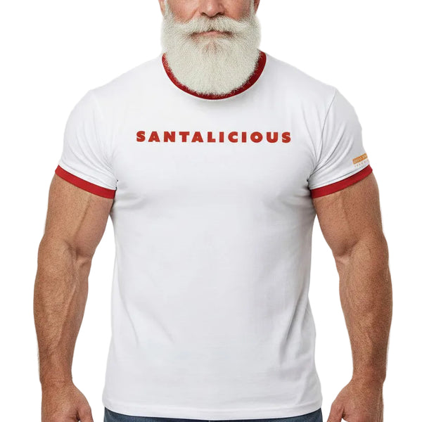 Man wearing a white t-shirt with red trim and 'Santalicious' text on a plain background