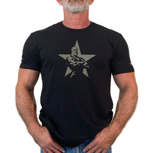 Silver Star, hand printed on black Tshirts and Tank Tops