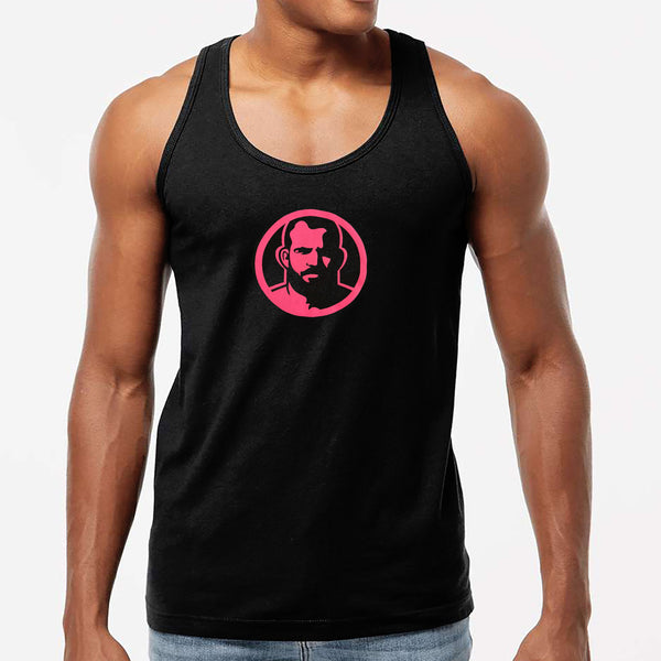 Icon in pink, hand printed on black Tshirts and Tank Tops