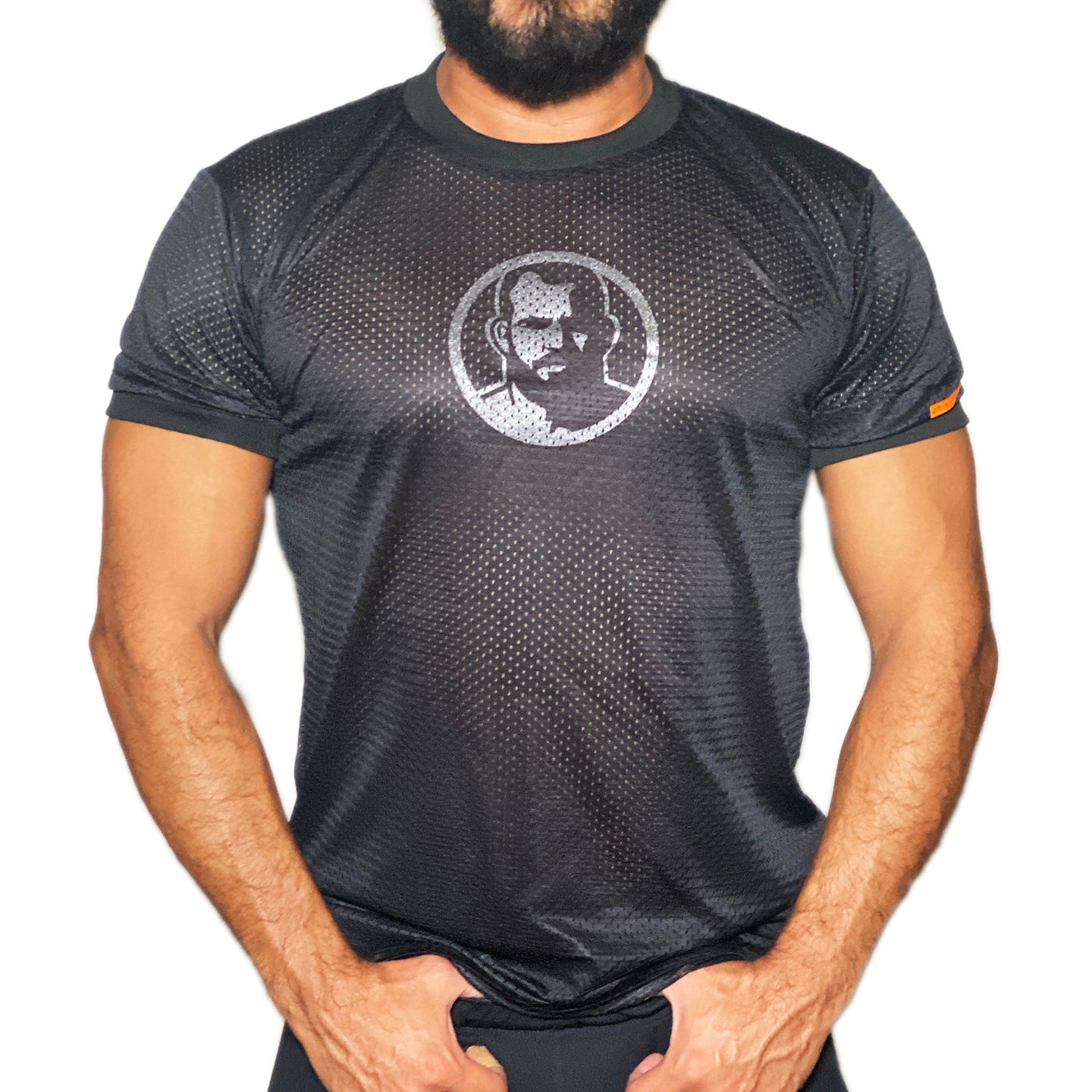 Man Icon hand printed on black  Mesh Tshirt (Last Few)