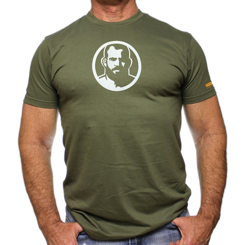 Rubber Man Icon Patch on Military Green Tshirt