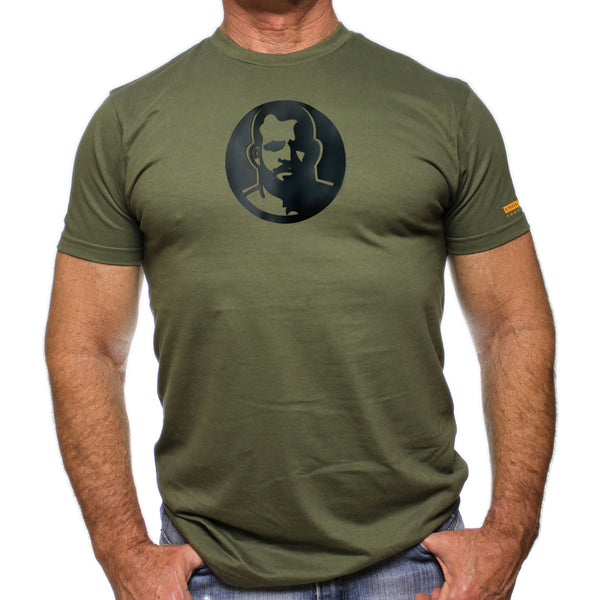 Rubber Man Icon Patch on Military Green Tshirt