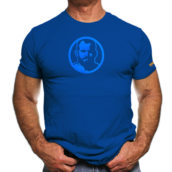 Rubber Man Icon Patch on Royal Blue Tshirt