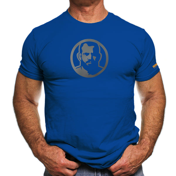 Rubber Man Icon Patch on Royal Blue Tshirt